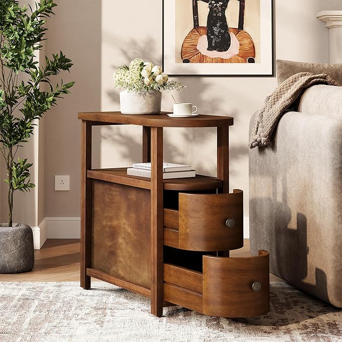 LITTLE TREE Solid Wood End Table with 2 Drawers & Open Shelf, No Assembly Required Side Table for Living Room, Vintage Brown Couch Side Tables, Slim Bedside Table Nightstand for Bedroom