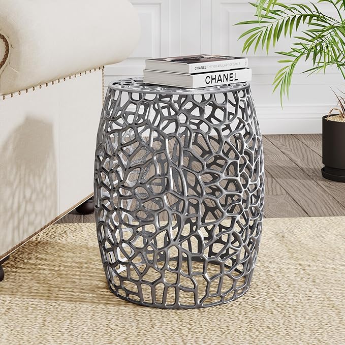 Christopher Knight Home Helast Aluminium Side Table, 14.00'' W Round Sofa Side Table, Modern Indoor Accent Table for Living Room Bedroom Home Office, Abstract Hollow, Silver