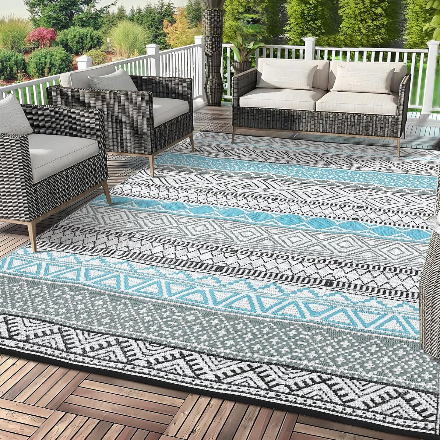 GAOMON Outdoor Rug 9'x12' Waterproof Rug for Patio Decor, Foldable Reversible Plastic Straw Area Rugs Mat for Camper, Outside Carpet for Deck, Porch, Picnic, Beach, Blue/Grey(Bohemia)