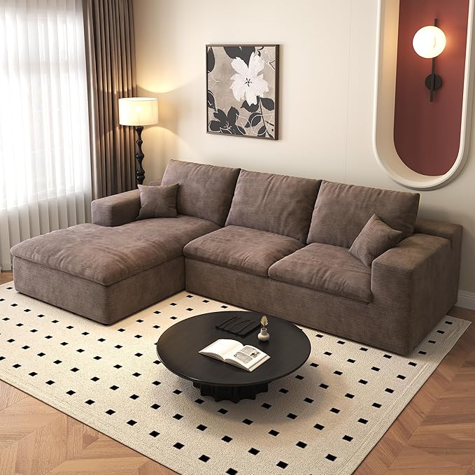 107'' L-Shaped Modern Modular Sectional Cloud Couch, 4-Seat Chenille Deep-Seat Sofa with Pillow for Living Room, Bedroom, Apartment, Camel
