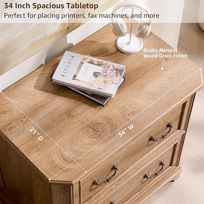 T4TREAM 34" Lateral File Cabinet with 2 Drawers, Farmhouse Filing Cabinet with 34" Wide Wooden Tabletop & Smooth Rails, Holds Letter/Legal, Hexagonal Design & Framed Drawer Fronts, Light Knotty Oak