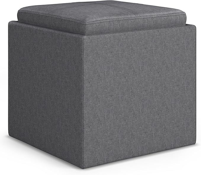 SIMPLIHOME Rockwood 18 inch Wide Contemporary Square Cube Storage Ottoman with Tray in Slate Grey Linen Look Fabric, Assembled, For the Living Room, Entryway and Family Room