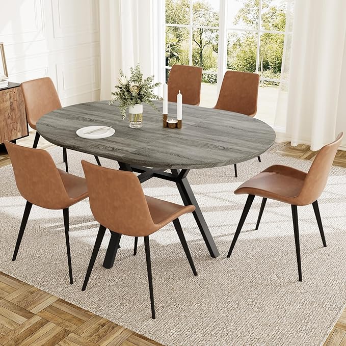 Extendable Round Dining Table Set for 6 People, 43.3"-59.1" Extendable Kitchen Table with 6 Upholstered Chairs, Space Saving for Kitchen Dining Room (Grey Table+6 Brown Chairs)