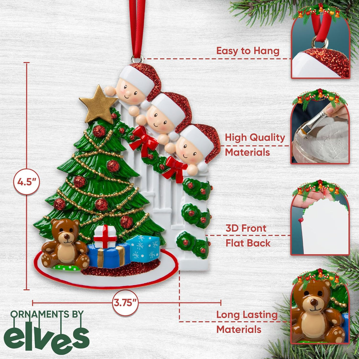 3D Peeking Family of 3 Ornament 2025 Personalized Family Christmas Ornaments 2025 | Staircase Personalized Tree Ornaments for Grandchildren, Siblings & Grandkids Xmas Tree with Gift of Three Ornament