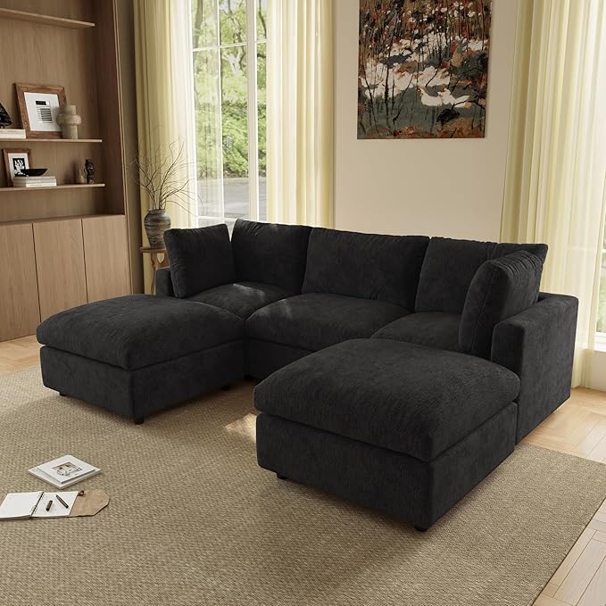 WJShome 100 Inch U Shaped Modern Sofa Modular Sectional Cloud Couch with 2 Ottoman, 4-Seat Chenille Deep Seat Couches for Living Room, Bedroom and Apartment，Black