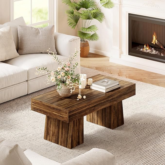 LITTLE TREE Farmhouse Coffee Table, 47 Inches Living Room Table, Rectangular Wooden Accent Center Tables with Thick Base, Modern Low Cocktail Tea Furniture for Living Room (Walnut Brown)