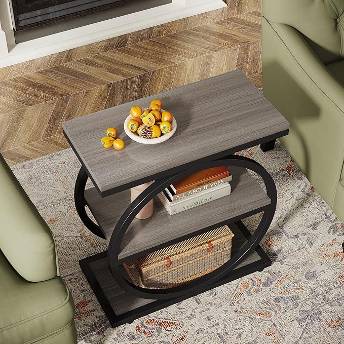 Tribesigns End Table, Narrow End Table with 3 Storage Shelves, Wood Side Table with Black Metal Frames, Industrial Small Sofa Side Table for Living Room, Grey Nightstand and Bedside Table for Bedroom
