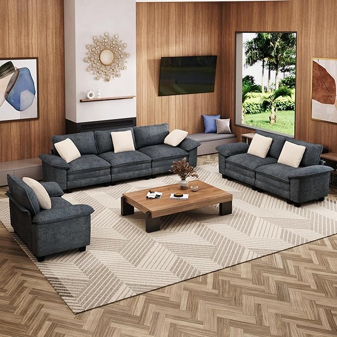 U-Shaped Cloud Modular Sofa Set, Deep Seat 3-Piece 6-Seater Sectional Couch & Removable Arms, Plush Chenille for Living Room - Cyan