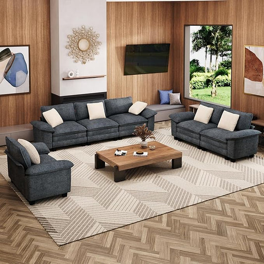 U-Shaped Cloud Modular Sofa Set, Deep Seat 3-Piece 6-Seater Sectional Couch & Removable Arms, Plush Chenille for Living Room - Cyan