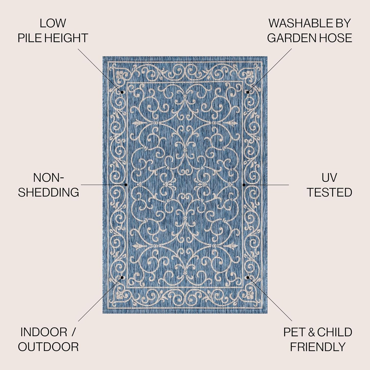 JONATHAN Y Vintage Filigree Indoor Outdoor Square Area Rug 8X8 Navy/Gray, Charleston Textured Weave for Backyard, Patio, Porch, Easy-Cleaning, High Traffic, Pet-Friendly, Non-Shedding (SMB106D-8SQ)