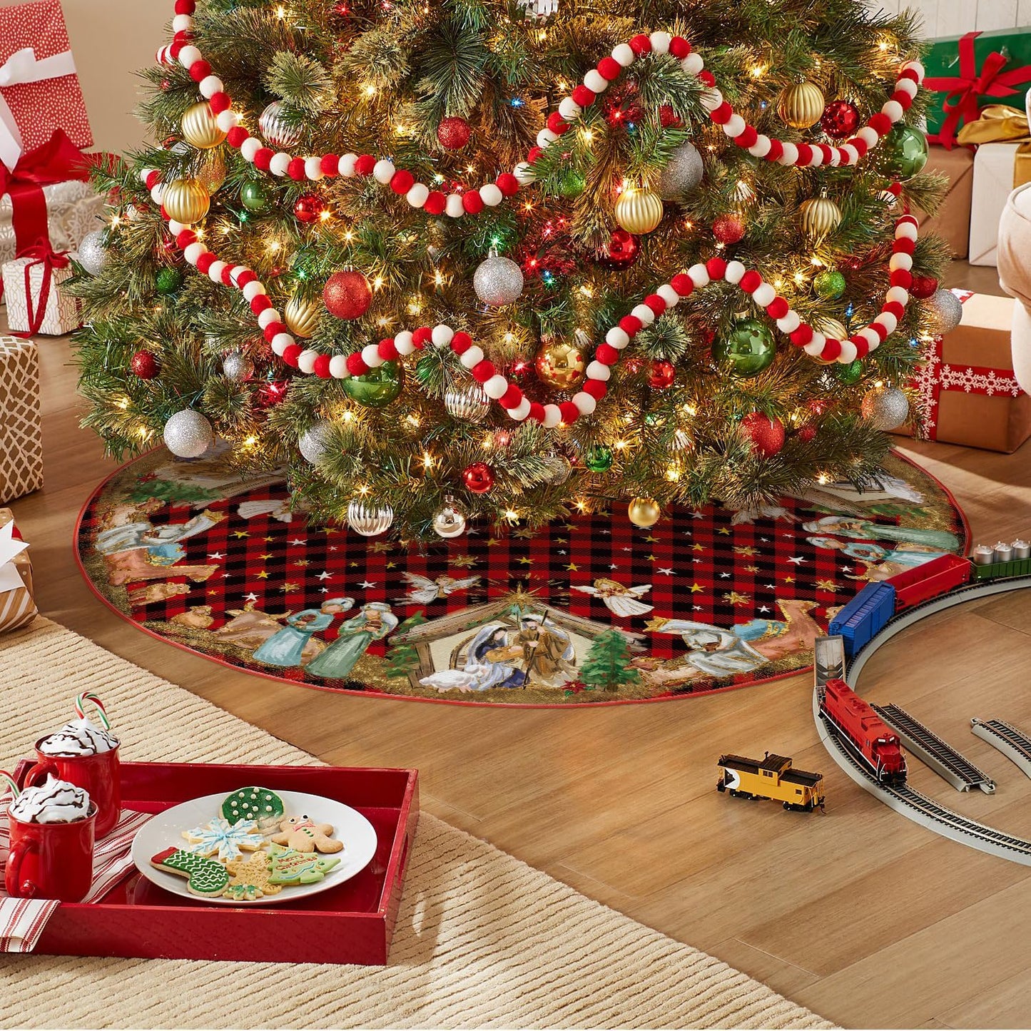 AVOIN colorlife Buffalo Plaid Christmas Tree Skirt 48 Inch, Winter Holiday Tree Decoration