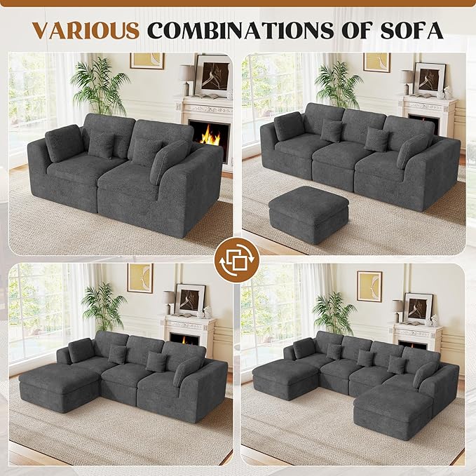 144" Cloud Sectional Couches for Living Room, Convertible U-Shape Couch with Ottoman, 6 Seater Modular Sectional Sofa,DarkGary Chenille