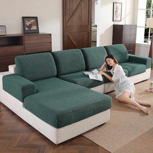 Couch Cushion Covers for Sectional Sofa, Stretch Soft Sofa Slipcovers Washable Wear-Resistant Universal Furniture Protector for Living Room(3 Seaters Covers+1 Chaise Cover, Green)