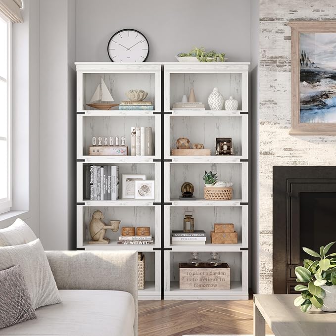 IDEALHOUSE 5 Tier Bookcase, Farmhouse Book Shelf with Storage, Tall Book Case Wooden 5 Shelf Bookcase for Home Office, Living Room, Bed Room (White, 67.4" H x 24.6" W x 12.8" D)