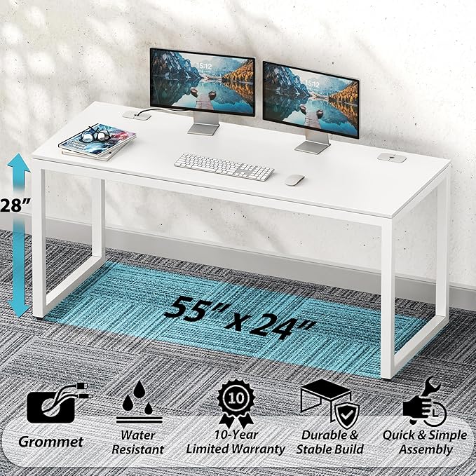 SHW 55-Inch Commercial-Grade Office Computer Desk, White