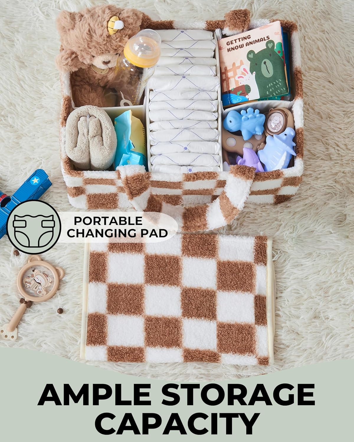 Checkered Diaper Caddy Organizer with Portable Changing Mat - Teddy Fleece Diaper Organizer for Changing Table - Caddy Organizer with Removable Dividers - Light Taupe and White
