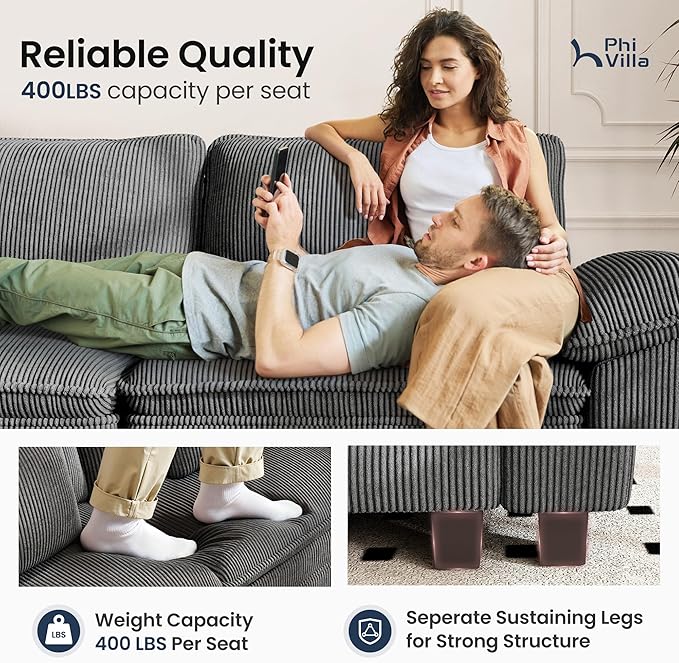 PHI VILLA Cloud Modular Couches Sets, 87.5" Sectional Loveseat Sofa with Upholstered Deep Seat, 2-Seater Comfy Couches for Living Room Bedroom, Corduroy Fabric, Grey