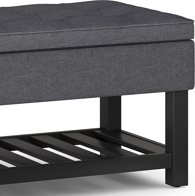 SIMPLIHOME Cosmopolitan Storage Ottoman Bench - 44 inch Wide Upholstered Linen Look Fabric Rectangle Storage Ottoman in Slate Grey, Transitional Bench for Bedroom with Tufted Lift-Top and Open Shelf