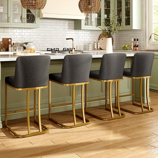 MAISON ARTS Counter Height Bar Stools with Back Set of 4 for Kitchen Counter, 24 Inch Modern Upholstered Faux Leather Barstools Farmhouse Bar Chairs Luxury Island Stools Support 330LBS, Grey & Gold
