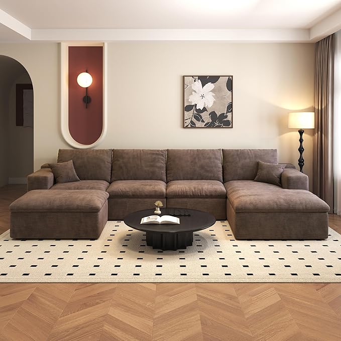 136.6'' U-Shaped Modern Modular Sectional Cloud Couch Whit Ottoman, 4-Seat Chenille Deep-Seat Sofa with Pillow for Living Room, Bedroom, Apartment, Camel