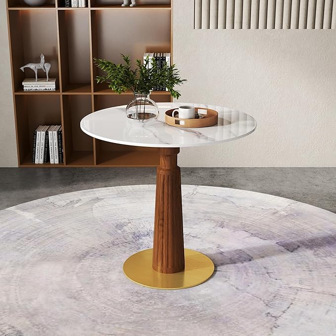 Sintered Stone Office Table - 33.5" Round Table for Small Offices (Light Brown Leg and White Top, 1 Table Only)