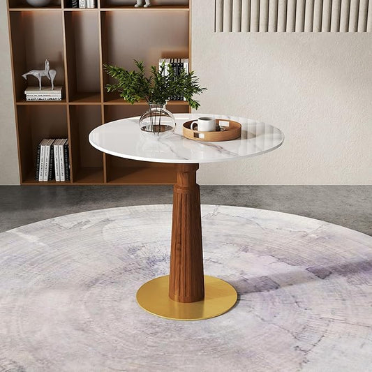 Sintered Stone Office Table - 33.5" Round Table for Small Offices (Light Brown Leg and White Top, 1 Table Only)