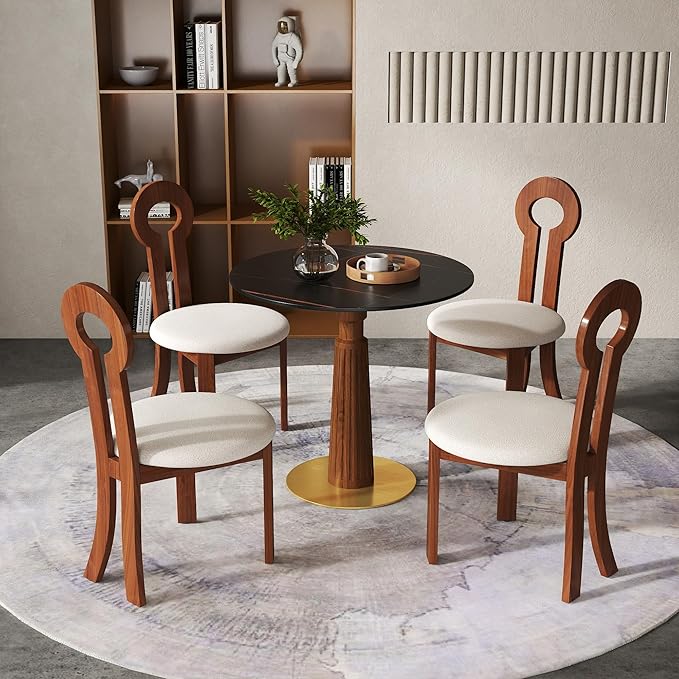Sintered Stone Office Table and Chair Set - 33.5" Round Table for Small Offices (Light Brown Leg and Black Top, 1 Table and 4 Chairs)