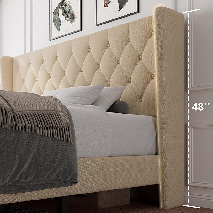iPormis King Size Platform Bed Frame with Button Tufted Headboard, Upholstered Bed Frame with Solid Wooden Slats, 8" Underbed Space, No Box Spring Needed, Noise Free, Easy Assembly, Beige