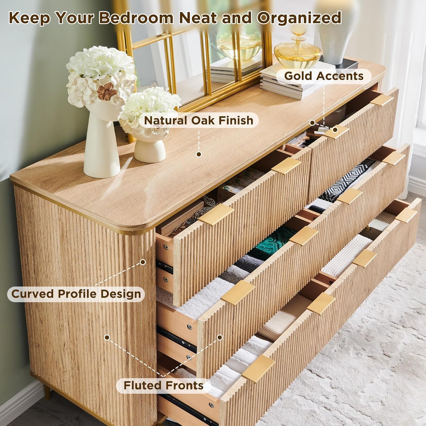 T4TREAM Fluted 6 Drawers Dresser for Bedroom, 54" Wide Modern Dresser TV Stand, Gold Accents, Fluted Fronts, Wood Storage Dressers Organizer for Bedroom, Living Room, Natural Oak