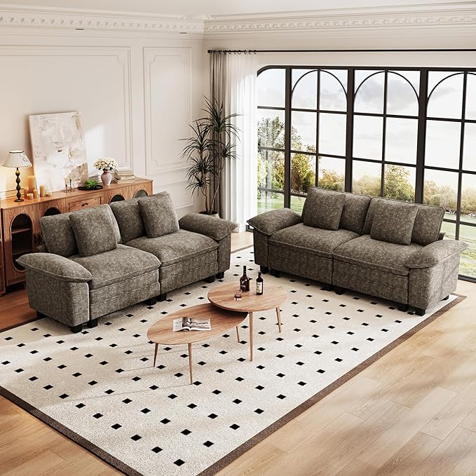 PHI VILLA Cloud Modular Couches Sets, 2 Pieces Sectional Loveseat Sofa Set, 4-Seater Comfy Couch for Living Room Apartment, Chenille Fabric, Smoky Grey