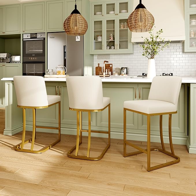 MAISON ARTS Off White & Gold Counter Height Bar Stools with Back Set of 3 for Kitchen Counter 24 Inch Modern Upholstered Faux Leather Barstools Farmhouse Bar Chairs Luxury Island Stools Support 330LBS