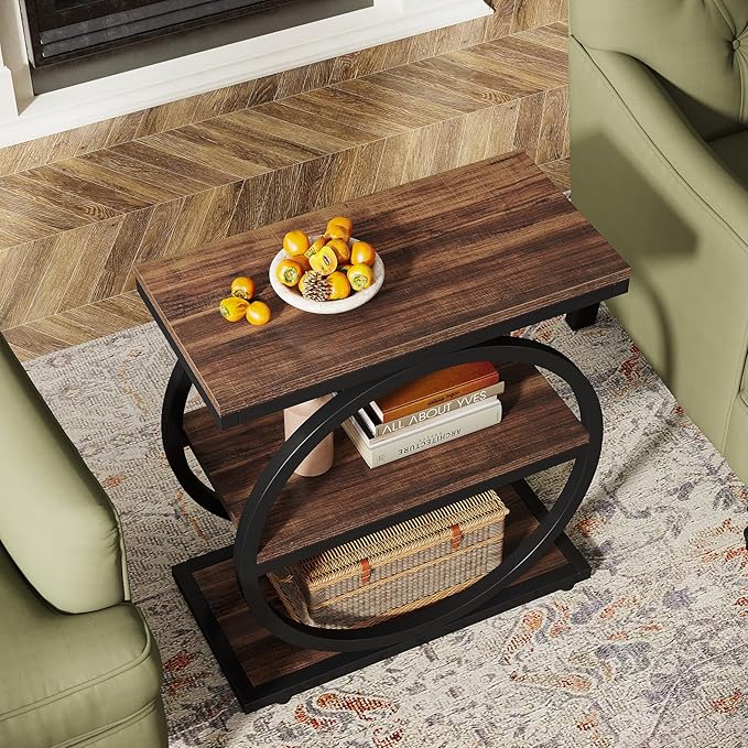 Tribesigns End Table Set of 2, Narrow End Table with 3 Storage Shelves, Wooden Side Table, Industrial Small Sofa Side Table for Living Room, Slim Nightstand and Bedside Table for Bedroom