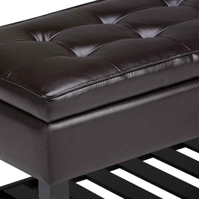 SIMPLIHOME Cosmopolitan Storage Ottoman Bench - 44 inch Wide Upholstered Vegan Leather Rectangle Storage Ottoman in Tanners Brown, Transitional Bench for Bedroom with Tufted Lift-Top and Open Shelf