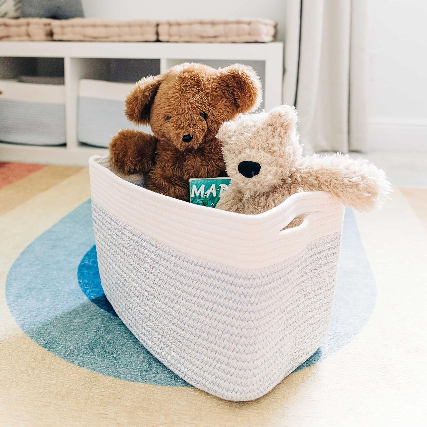 OrganiHaus Woven Storage Baskets for Organizing, Cotton Rope Organizer Bins for Shelves, Closet & Nursery, Dog Toy Basket, Decorative Bins for Toys, Towels & Books - 15x10x9, Blue/Off-White