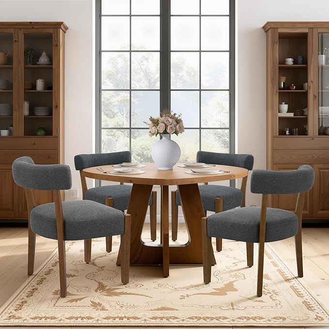Modern Dining Chairs Set of 2, Walnut Upholstered Kitchen & Dining Room Chairs, Mid Century Wooden Dining Chairs Oversized Sturdy Fabric Rounded Chairs Curved Back, Dark Grey