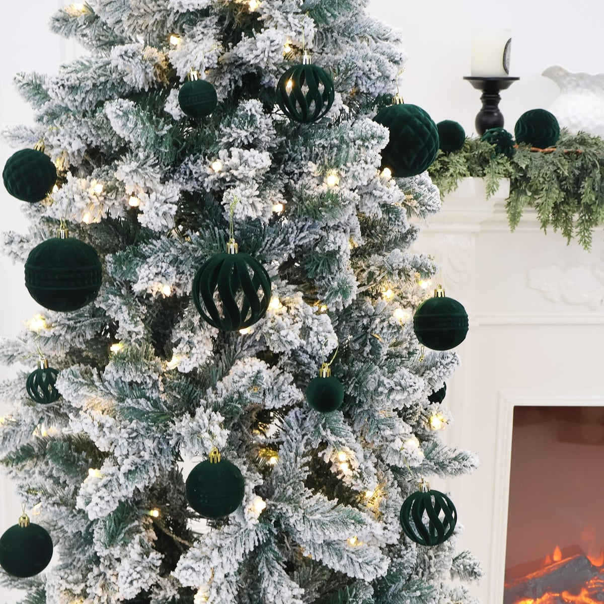 Senjie 2025 Velvet Christmas Ball Ornaments Sets 36pcs Flocked Christmas Ornaments Assortment Decor for Xmas Deep Green