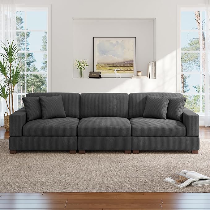 Modular Sectional Couches for Living Room, 118" Modern Upholstered 3-Seater Sofa Couche for Living Room Bedroom, Grey