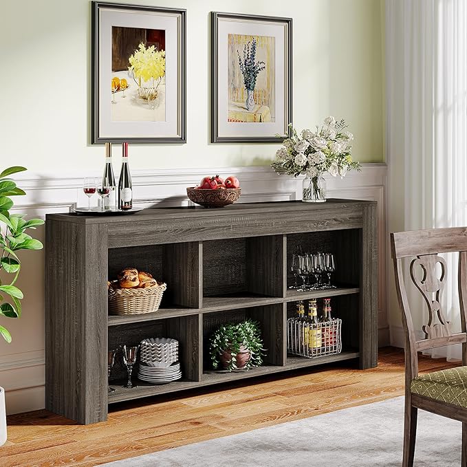 Tribesigns 63-Inch Long Sofa Console Table, Rustic Wood Entryway Table with 6 Storage Cubes for Living Room, Hallway, Behind Couch (Grey)