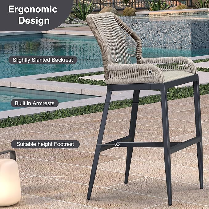 PURPLE LEAF 4 Pieces Bar Stools Patio Modern Rattan Barstools Aluminum Woven Tall Bar Chairs with Cushions for Outdoor Kitchen Island Garden