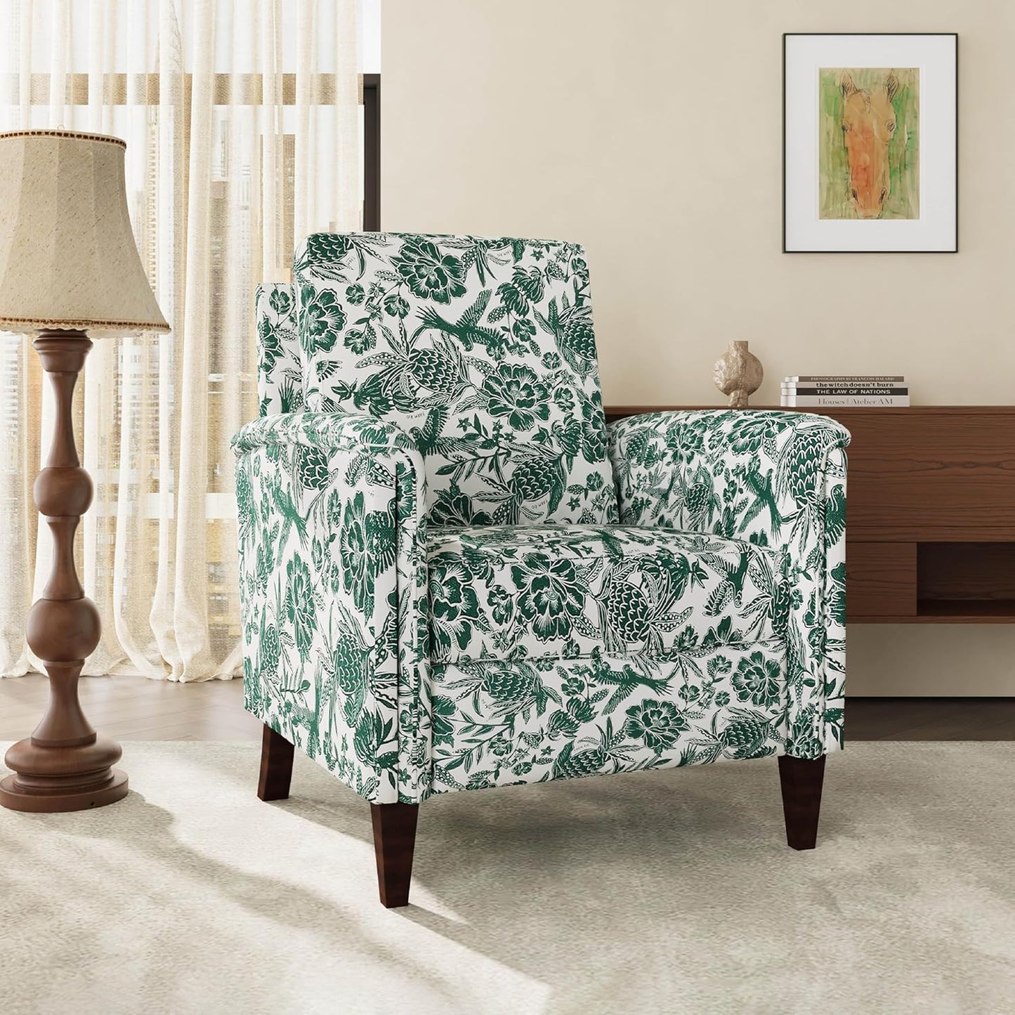 Floral Accent Chair Set of 2, High Back Upholstered Armchair with Solid Wooden Legs, Padded Armrest and Removable Comfortable Cushioned Seat Single Sofa for Living Room, Bedroom, Green