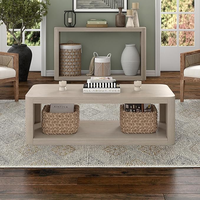 Henn&Hart 47" Rectangular Low-Profile Coffee Table with Open Storage Shelf for Living Room, Family Room, or Office, Alder White