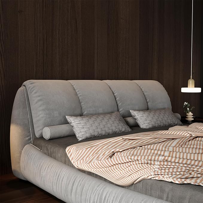 King Size Upholstered Platform Bed with Oversized Padded Backrest and Solid Wood Frame for Bedroom, Apartment Room, Gray