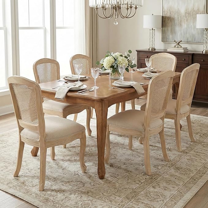 Wicker Dining Chairs Set of 6, Upholstered Linen Fabric Dining Room Chairs with Square High Rattan Back Farmhouse French Kitchen Chairs for Dining Table/Living Room/Restaurant, Cream