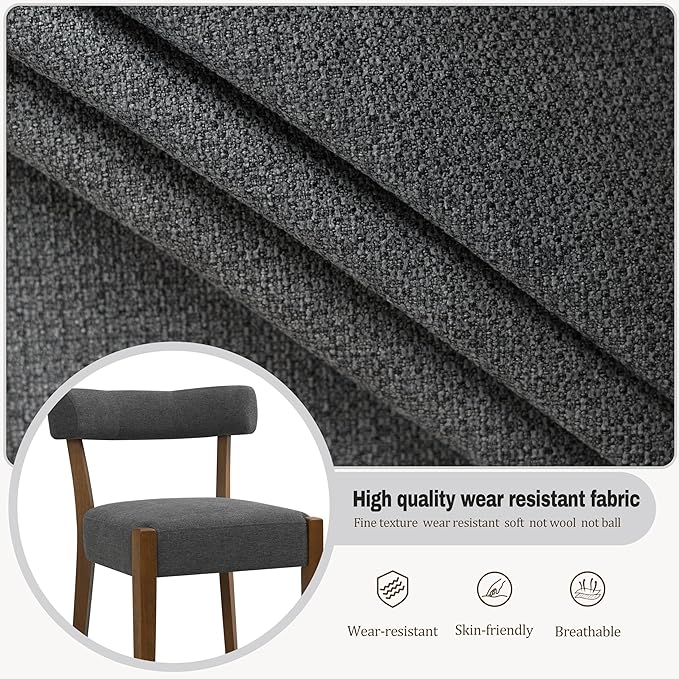 Modern Dining Chairs Set of 8, Walnut Upholstered Kitchen & Dining Room Chairs, Mid Century Wooden Dining Chairs Oversized Sturdy Fabric Rounded Chairs Curved Back, Dark Grey