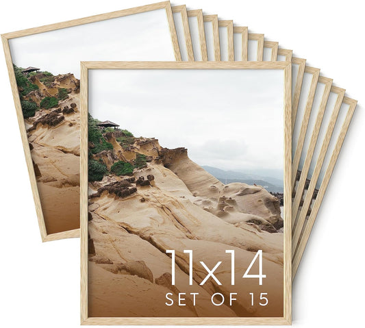 Haus and Hues 11x14 Natural Oak Wood Picture Frames Set of 15 - Premium Bulk Picture Frames 11x14 Bundle - Elegant Gallery Wall Frame Set for Posters, Art Display - Ideal for Wall Decor in Home &