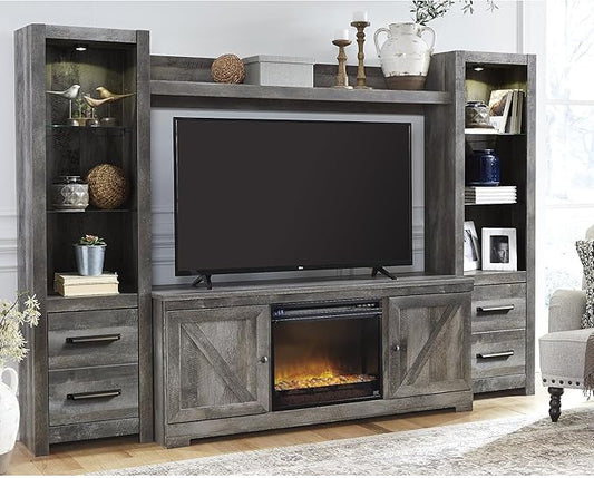 Signature Design by Ashley Wynnlow Rustic 4-Piece Entertainment Center for TVs up to 72" with Electric Fireplace, LED Lighting and Adjustable Temperature, Gray