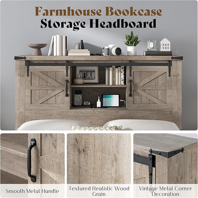 AMERLIFE Farmhouse Queen Bed Frame with Storage Headboard & Charging Station, Rustic Wood Platform Bed with Barn Door Bookcase, No Box Spring Needed, Light Grey Bedroom Furniture