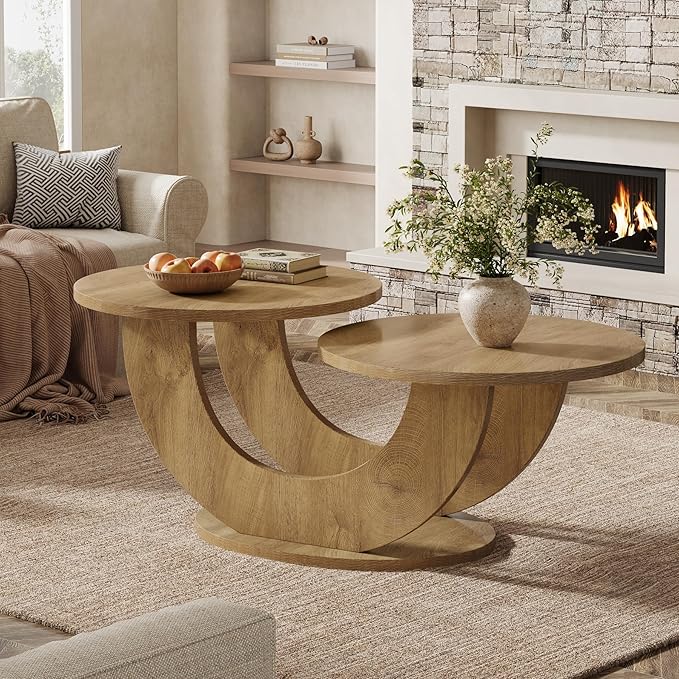 Tribesigns 46-inch Round Coffee Table, Modern Living Room Coffee Table with Funky U-Shaped Frame, Low Accent Center Tea Table for Home, Apartment, Oak
