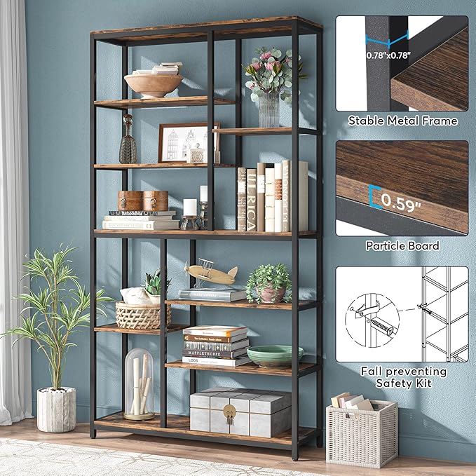 Tribesigns 79 inches Tall Bookshelf Bookcase, 8-Tier Staggered Bookcase, Modern Freestanding Open Book Shelves, Wide Wood Etagere Shelving Unit Display Shelf for Living Room