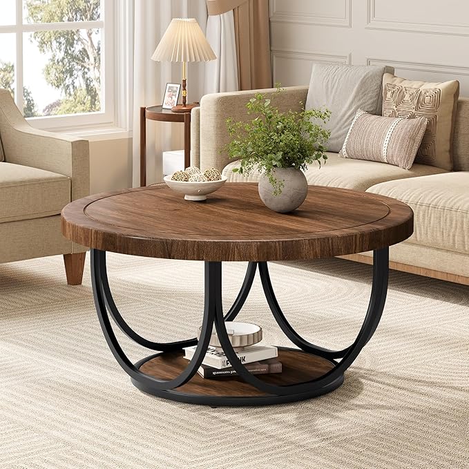 Tribesigns Round Coffee Table with 2 Tiers, 33.5" Wooden Circle Accent Cocktail Table with Storage Shelf and Metal Frame, Industrial Center Tables for Living Room, Brown & Black